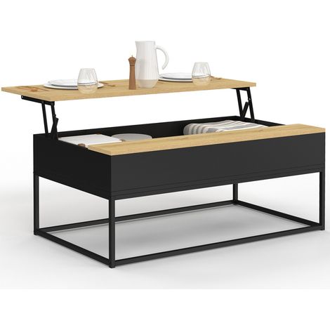 Mesa de centro BOSTON negra con tablero elevable de aspecto haya, diseño industrial