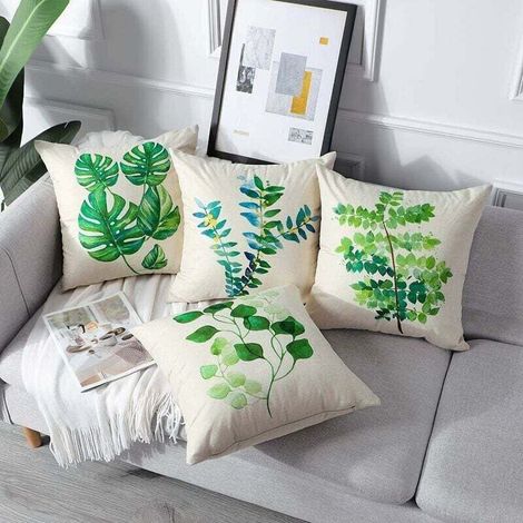Set di 4 federe per cuscini da esterno, impermeabili, con motivo a foglie verdi, ideali per divano, patio, giardino, soggiorno e camera da letto, 45x45 cm -B (1/4)
