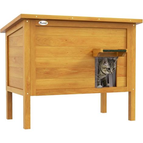 Niche en bois pour chats surélevée avec toit ouvrable isolée 85 x 50 x 68,5 cm couleur vert naturel pour extérieur (1/5)