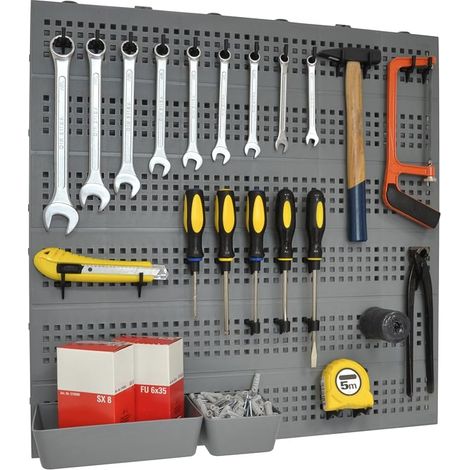 Kit mural modulaire 60 x 60 cm, comprenant des crochets et un panier mural. Un organisateur d'outils pour le garage et le panneau de rangement à la maison. (1/4)
