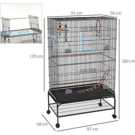 Cage à oiseaux avec perchoirs, jouets pour oiseaux et plateau de fond amovible, noire (1/5)