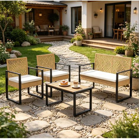 OKWISH 4-teiliges Gartenmöbel-Set aus PE-Rattan mit Tisch, 2-Sitzer-Sofa und Sesseln (1/5)
