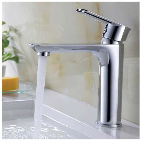 FOREHILL Mitigeur Lavabo Robinet de Salle de Bains avec Poignée Carrée en Laiton Mélangeur de Lavabo Froid et Chaud avec Levier Unique,Argent(Pas de tuyau) (1/4)