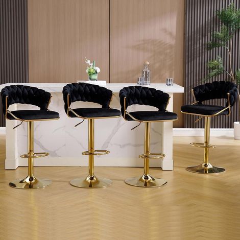 Barhocker Samt 4er Set höhenverstellbar 360° drehbar mit geflochtener Rückenlehne Schwarz (1/5)