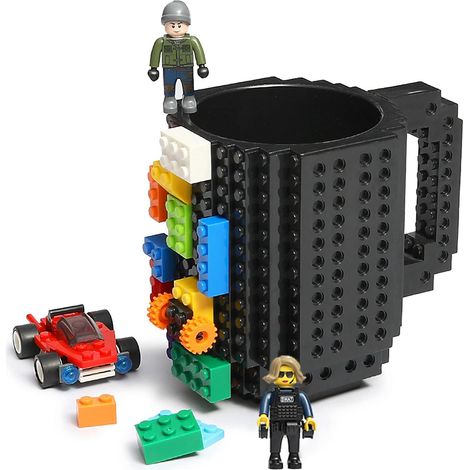 Kaffeebecher mit Bausteinmotiv, origineller Becher mit kreativen Bausteinen für Kinder, Männer, Frauen, Weihnachten, Geburtstag (Schwarz) (1/4)