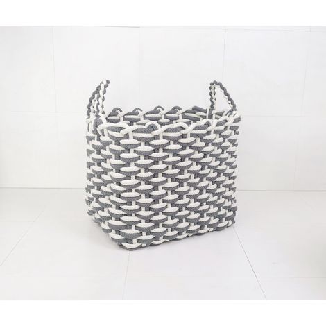 CESTO CORDA IN COTONE INTRECCIATO CON MANICI BIANCO E GRIGIO 34X30X40CM
