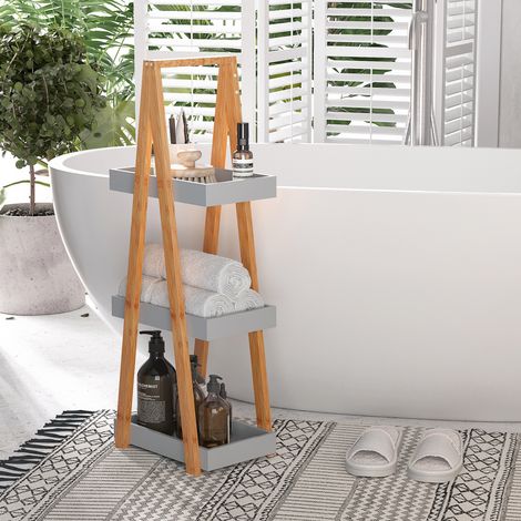 Étagère Salle Bain Étagères Forme Naturelles Grises Mobilier Intérieur Bambou Bois 30x18x81cm