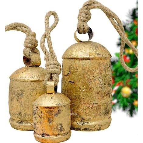 Juego de 3 campanas navideñas vintage – metal, reno grabado, XL, para colgar en coronas/adornos (1/4)