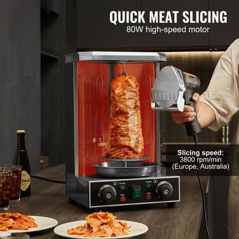 Couteau à döner électrique 80W, trancheuse kebab turque pro en acier inox, coupe-gyros commerce 2 lames Ø100mm, épaisseur 0-8mm réglable (1/5)