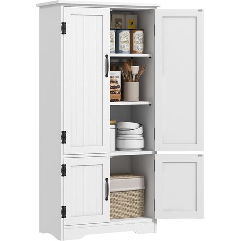 Buffet blanc haut 60x30x123 cm avec 4 portes et étagères réglables, meuble colonne design sobre pour cuisine et salle de bain pratique et gain de place