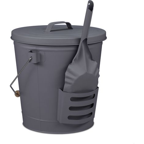 Relaxdays Cubo Cenizas con Tapa y Recogedor, Acero, Agarre de Madera, 19 L, Accesorio Chimenea, Recipiente con Asa, Gris (1/5)