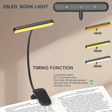 1pc LED Rechargeable Book Light for Reading in Bed with 25 LED &Memory Function-Eye Caring 3 Color Temperatures, 5 Brightness Levels, Flexible Goose Neck Clip on Light for Book Lover Room Decor (1/5)