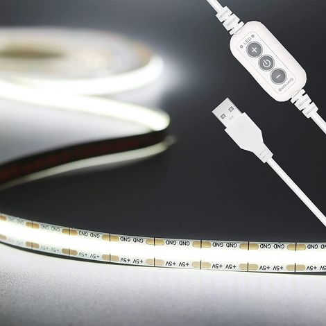 Ruban LED COB USB 5V Blanc Froid 6000K, 2M Dimmable Haute Densité 640LEDs/2M Bande lumineuse LED COB Flexible Découpable Bande LED Pour TV Rétroéclairage, Armoire, Chambre, Éclairage Maison DIY (1/5)