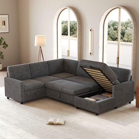 Sofá cama esquinero en U 274 x 220 x 85 cm con arcón, tejido de pana gruesa gris DESVIAE (1/5)
