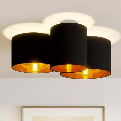 [GEBRAUCHT] B-Ware Lindby Deckenlampe Laurenz LED dimmbar 3-flg schwarz-gold Stoff Ø61cm 25,5cm (1/2)