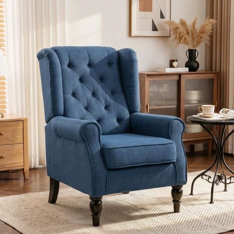 Fauteuil de Salon, Fauteuil Capitonné avec Pieds en Bois, Assise Large, Grand Confort, Classique, 74x86x102cm, Bleu (1/5)