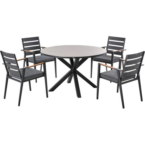 Conjunto de jardín de 4 plazas mesa de aluminio con tablero gris sillas negras con cojines gris Maletto/Taviano (1/5)
