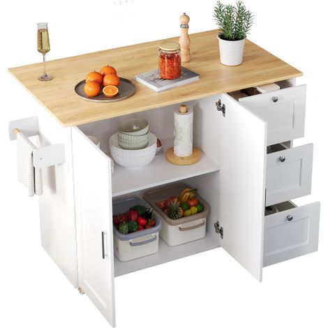 Grande table de cuisine mobile – Plateau en chêne, design pliable, meuble multifonction, 3 tiroirs, porte-serviettes – Idéale pour la cuisine, la salle à manger et la maison