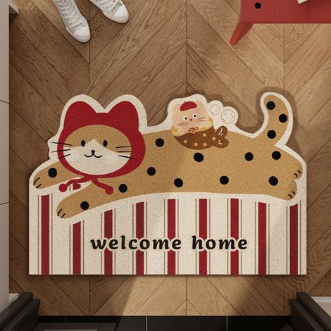 LAN Boucles en soie en forme de chat, style français, 40 x 60 cm Tapis d'entrée, paillasson, grattoir à boue, tapis à boucles, motif dessin animé, découpable, tapis antidérapant (1/4)