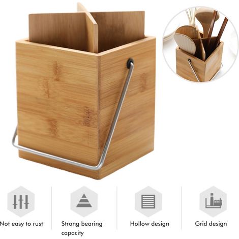 Seau de rangement en bambou, seau en bois, seau de rangement multifonctionnel et durable pour ustensiles de cuisine (1/5)
