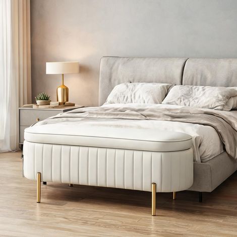 Pouf de rangement 72 L velours crème pieds dorés toile en (1/5)