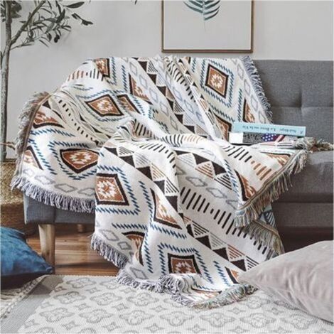 Plaid à franges pour canapé, couverture tricotée style aztèque, idéale pour la maison, le bureau, les voyages et le camping. (Motif géométrique, 130 x 180 cm) Voir image : 130 cm x 180 cm (1/2)