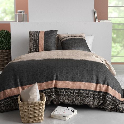 Parure housse de couette 260x240cm + 2 taies motif graphique beige et gris 100% coton - DIOGO (1/4)