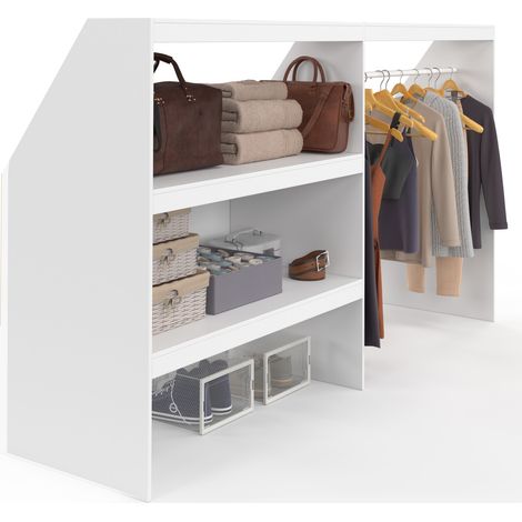 Idmarket – Kit dressing sous pente blanc – Étagère 2 niveaux – Penderie 195 x 50 x 70/110 cm – Panneaux de particules – Montage facile (1/5)