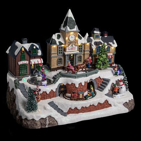 Fééric Lights And Christmas – Village de Noël lumineux animé avec 26 LED multicolores – Gare, maisons, personnages en mouvement – Dimensions 35,5x20,5x27cm – Poids 2kg (1/4)