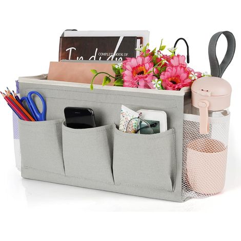 Nachttisch-Organizer mit Befestigungsgurten und Flaschenhalter, geeignet für Zuhause, Universitäten, Studentenwohnheime und Kinderbettgitter (grau). (1/5)