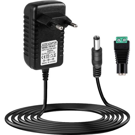 Alimentation LED 24V 1A pour Bandes LED, Caméra, Routeurs, TV Box  Transformateur Entrée AC 100-240V Universelle, Prise EU Adaptateur Secteur, 24W Chargeur avec Fiche DC 5.5 x 2.1 mm, 1.5m (1/5)