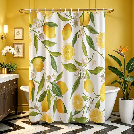 Rideau de douche, 240 x 180 cm, Feuille de citron, Bas lesté, Anti-moisissure, Hydrofuge, Rideaux de bain lavables en polyester avec 16 oeillets et anneaux de rideau de douche pour salle de (1/5)