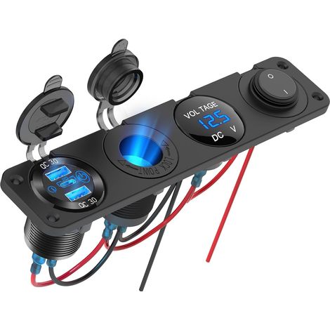 Prise USB 12V Panneau d'interrupteur Marin, Chargeur USB Double PD3.0 en Aluminium pour Voiture, Prise Allume-Cigarette 150W éclairée, Voltmètre LED Bleu et Interrupteur à Bascule Kit de Bricolage (1/5)