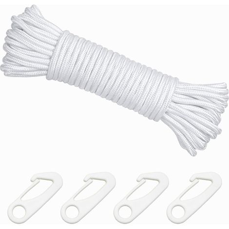 15M Flag Rope with 4 Heavy Duty Fixing Clips, 6mm White Nylon Rope Wear-Resistant for Mast, Shade Sail, Camping, Boat, Garden, Outdoor Use (1/5)