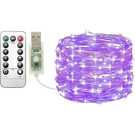 Guirlande lumineuse USB 20 m Violet 200 LED USB avec télécommande, 8 modes, minuterie et intensité variable pour Noël, chambre à coucher, décoration intérieure et extérieure (1/5)