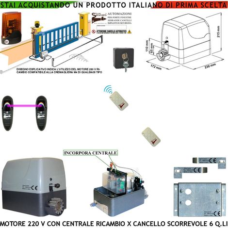 Motoriduttore 230 V Centrale 2 Radiocomandi Fotocellula Faro Ricambio Cancello Scorrevole 6 Q.li di Qualsiasi Marca Fine Corsa Accessori di Fissaggio Condensatore Pignone Z12 Per Cremagliera Nylon M4
