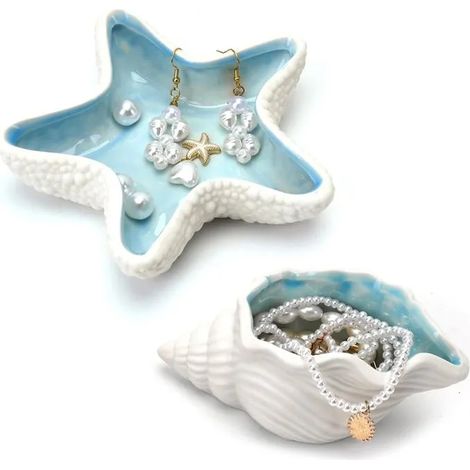 2PCS Plateaux Bijoux Coquillage & Étoile Mer, Céramique, Petit Vide-Poche Décoratif, Présentoir Cadeau Femme Anniversaire Mariage (1/5)
