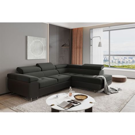 Ecksofa Sofa JADE Stoff Soft / Sawana Schwarz mit Schlaffunktion Ottomane Rechts (1/2)