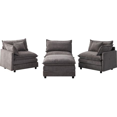 Sofá esquinero modular de chenilla gris de 3 plazas con chaise longue y puf (1/5)