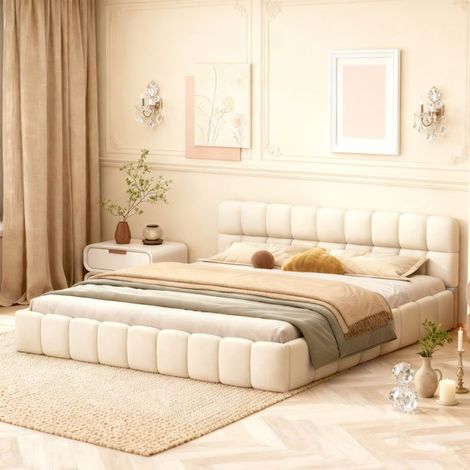 Estructura de cama 140x190 capitoné TONIU con somier de lamas, beige, cabecera acolchada