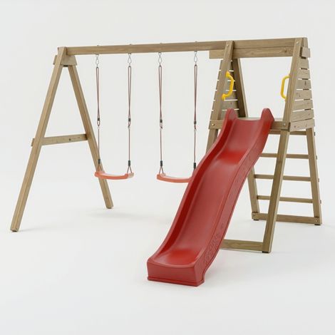 Area gioco da giardino in legno Maxplay Gym con scivolo rosso e doppia altalena (1/5)