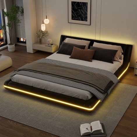 Bett Bodenbett 160x200 cm in PU Schwarz mit LED-Umgebungslicht und Lattenrost (1/5)