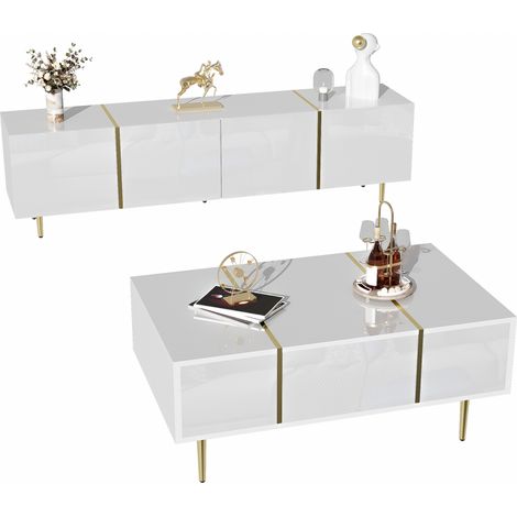 Meuble TV et table basse blanc laqué avec accents dorés, 4 portes et 2 tiroirs, rangement pratique, entretien facile et style moderne pour salon élégant CHICFURN (1/5)