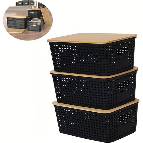 Boîtes rangement bambou avec couvercle pour aliments et chambre, lot de 3 (1/5)