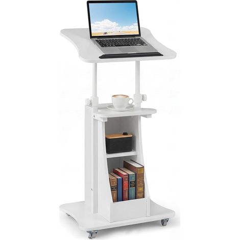 Podium Pupitre Réglable en Hauteur, Bureau de Table pour Ordinateur Portable, Plateau Inclinable, Étagère & Compartiments, Conférence (Blanc) (1/5)