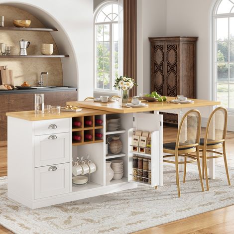 Table de bar extensible blanche avec rotation 360°, rangement et tiroir, 120-197x40x74 cm (1/5)