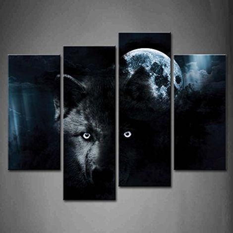 Leinwandbild Wolf mit Vollmond 4-teilig Schwarz Moderne Wandkunst (1/5)