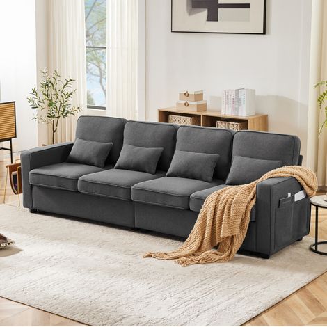 4-Sitzer-Sofa 264x83x87 cm Dunkelgrau Leinenstoff mit Armlehnentaschen und 4 Kissen (1/5)