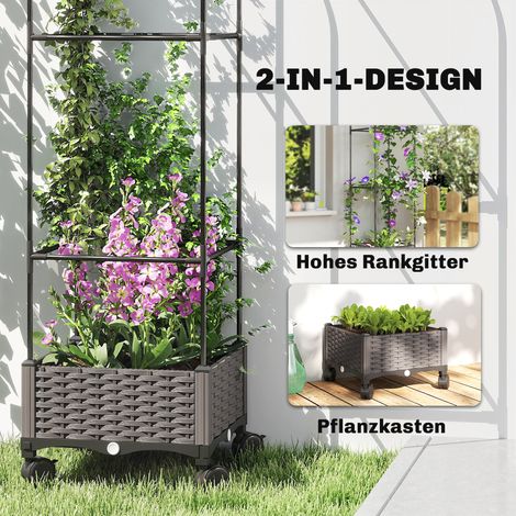 Jardinière surélevée mobile avec treillis, bac à plantes à roulettes, trou d'évacuation, dimensions : 40 x 40 x 185 cm (1/4)