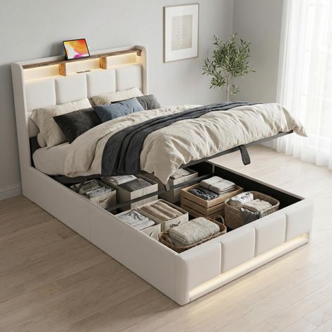 Letto contenitore 90x200 con rete a doghe, letto imbottito trapuntato con porte USB/Type-C e illuminazione LED, testiera con contenitore, tessuto in lino, stile moderno, Beige